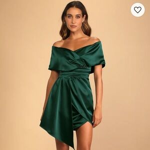 Always Celebrating Dark Green Satin Off-the-Shoulder Mini Dress